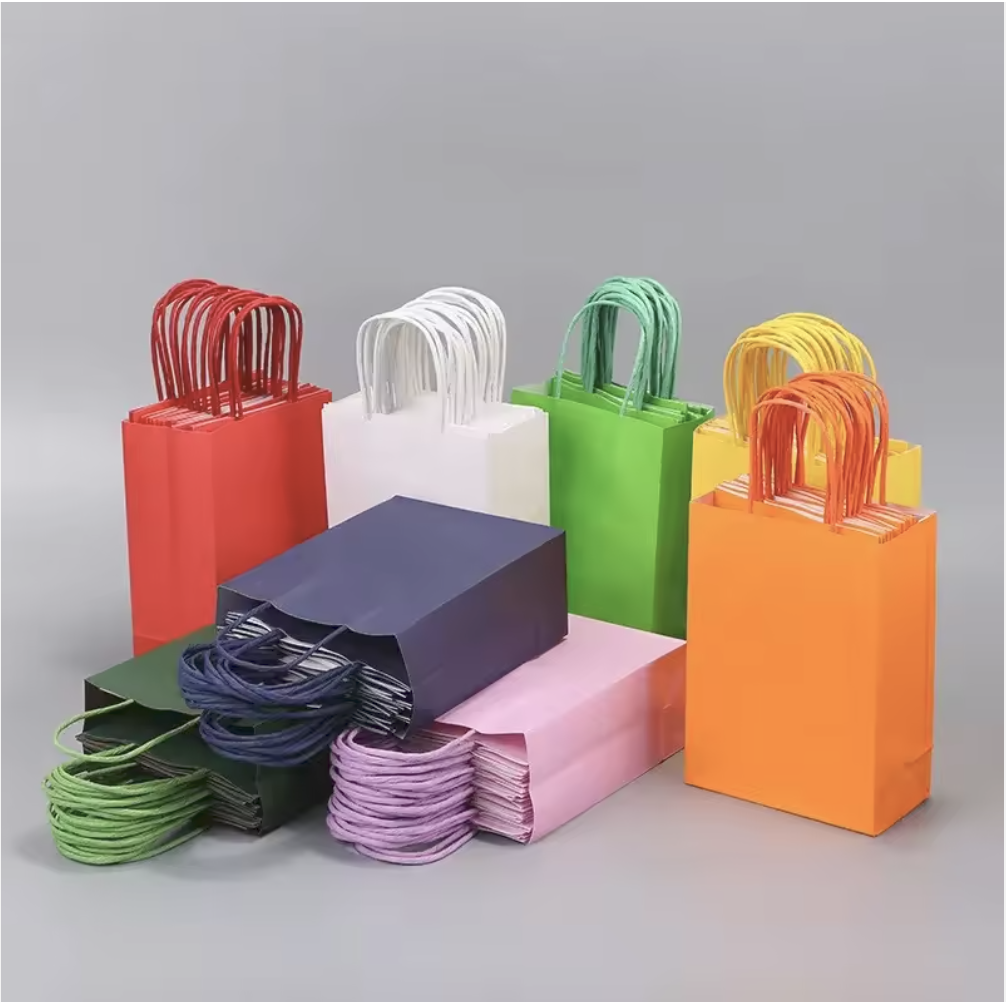Multi colored minimalist design with twisted kraft paper handle, recyclable