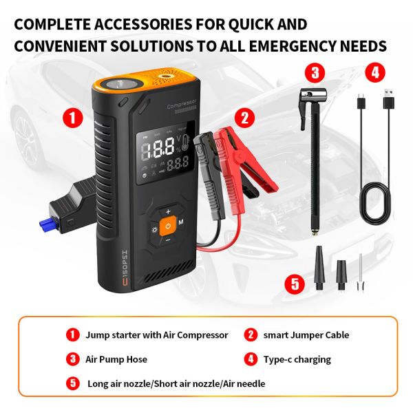 8000mah 10000mah 12000mah Portable Tire Inflators 12v Car Jump Starter Kit With Led Lights Battery Powered