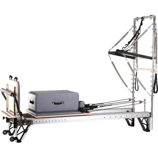 Aluminum Pilates Reformer with tower featuring steel frame padded upholstery ideal for studio and gym