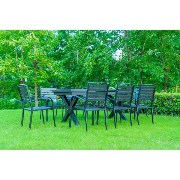 9 Pieces Black Plastic Wood Modern Outdoor Garden Furniture Table Set 8-10 Seater Extendable Patio Dining Table Chairs