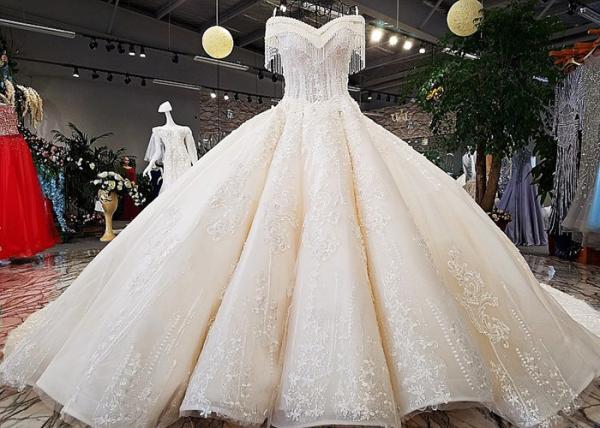 Champagne Off Shoulder Wedding Gown , Big Ball Gown Dresses Beaded Tassels