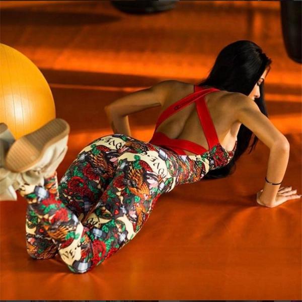 Mulheres com impressão floral Fitness sexy One Piece Yoga Bodysuit sem traseiro