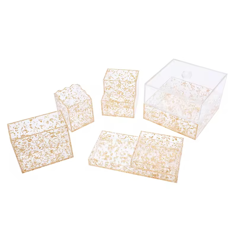 Luxury Gold Foil Glitter Acrylic Organizer Customizable Makeup Stationery Holder Chic New Desktop Storage Box for Vanity Office