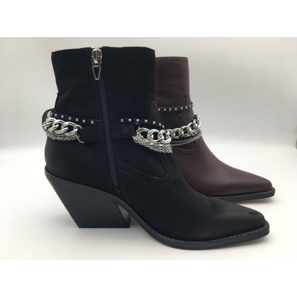 Black soft nappa leather Womens Dress low Boots with YKK zipper,d-ring metal design,Square solid wood heel