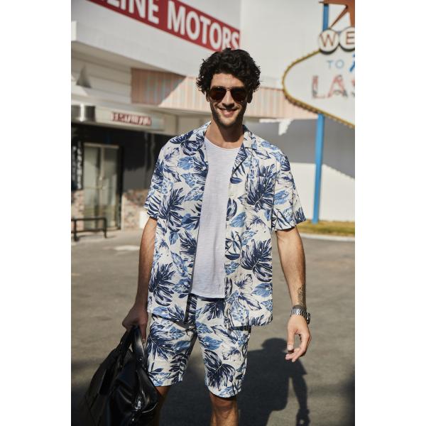 100% Linen Custom Hawaiian Shirts Blue Coolness Tropical Button Up Shirt