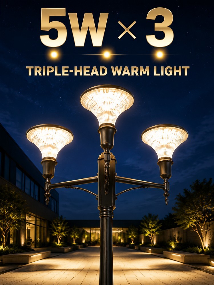 15W Triple Head Solar LED Garden Post Light IP65 Die Cast Aluminum Pole Lamp 3000K-6000K