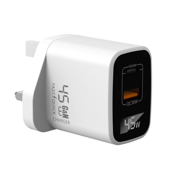 45W GaN Fast Charger with Color Display USB-C Adapter for Universal Device Charging ABS Material OEM Support Customized