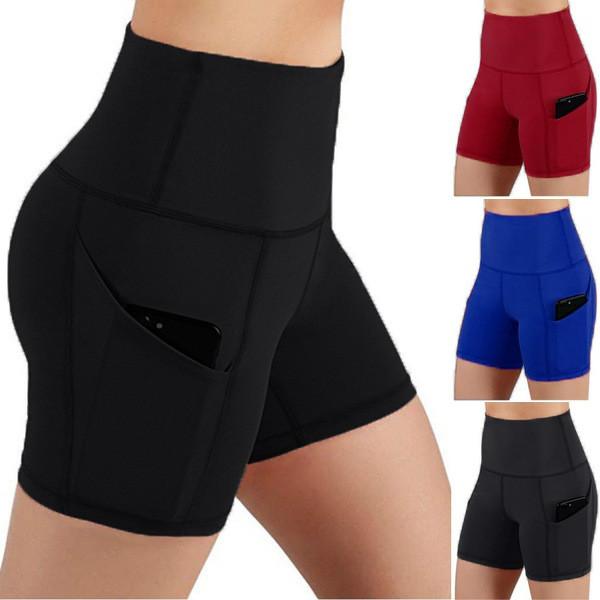 Short preto alto dos esportes de Waisted para o bolso lateral das caneleiras apertadas do Gym do controle da barriga das mulheres