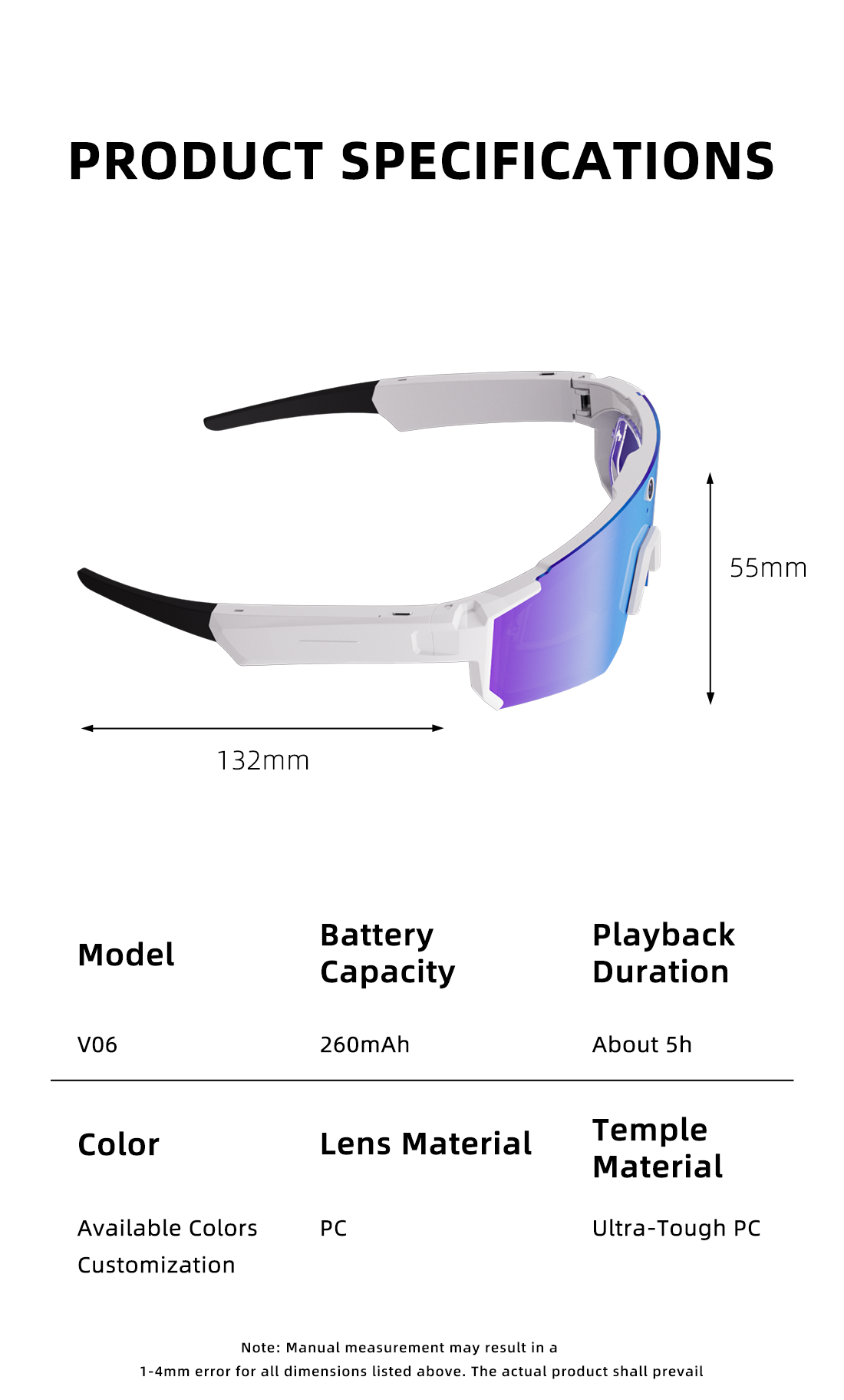 V06 Smart Glasses-1200P Video AI Object Recognition IP54 Waterproof Magnetic Charging Voice Control Semi-Open Stereo