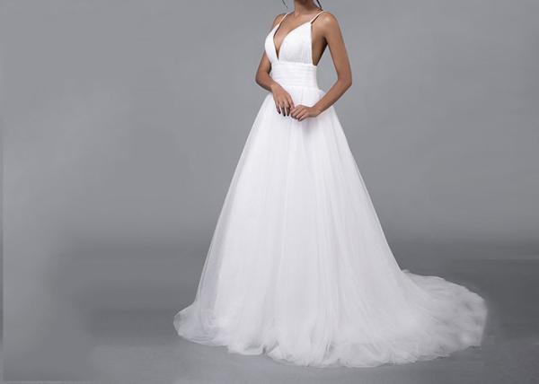 Tulle Simple A Line Wedding Dresses Straps Deep V Neck Backless Pleating Zipper