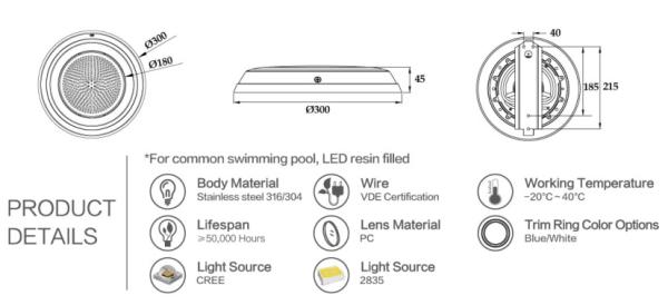 luzes fixadas na parede da piscina de 12V 12W SS316
