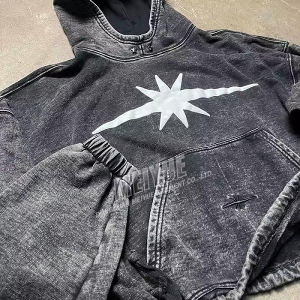 Custom Drop Shoulder Elastic Cuffs Designer Hoodie Men Denim Street Wear Hoodie Cropped Acid Washed Vintage Boxy Hoodie Men