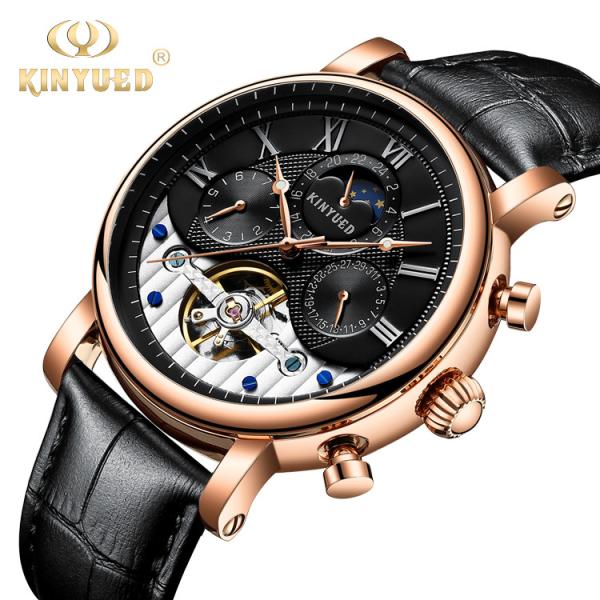 KINYUED New Silver Case Moon Phase Clock Movement Genuine Crocodile Watch Strap Water Resistant Watch