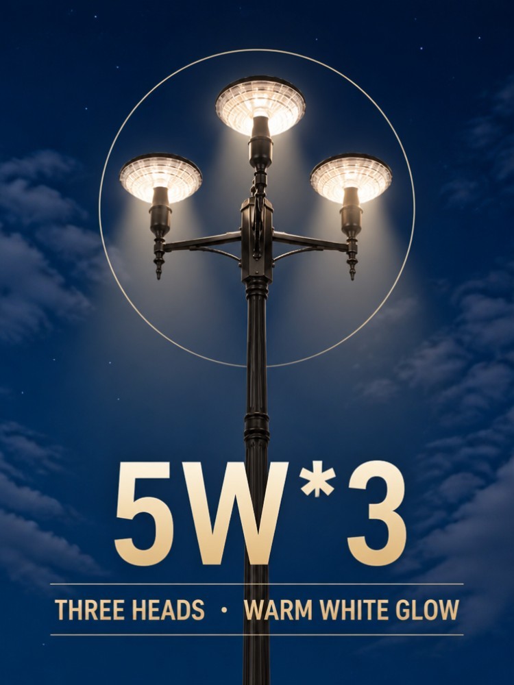 15W Triple Head Round Solar Garden Lamp Post IP65 Aluminum Outdoor Pole Light for Parks Pathways