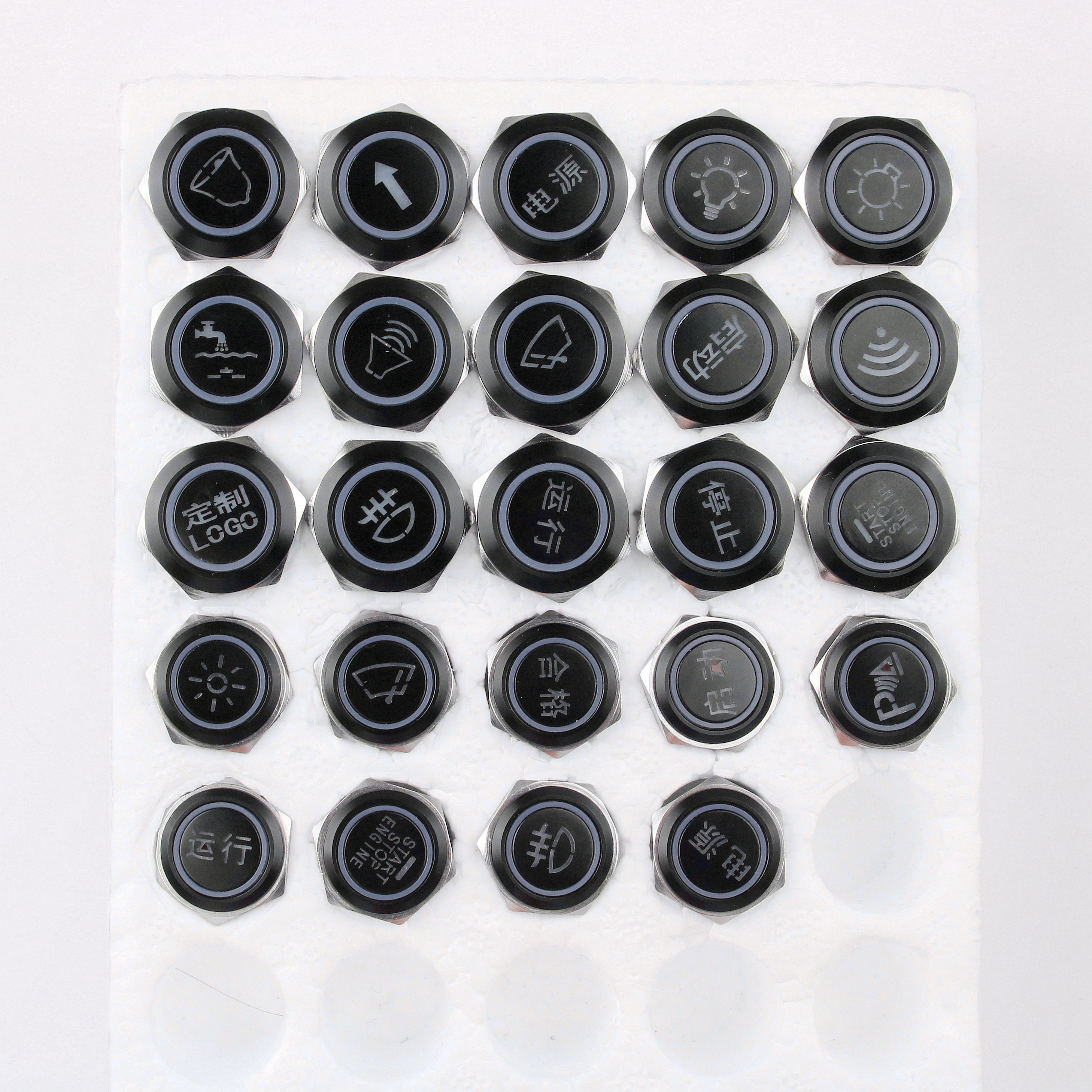 19mm Metal Push Button Switch Customizable LED Logo-IP65 Rated 220V Latching/Momentary (Black/Silver Shell) 1NO1NC Connector