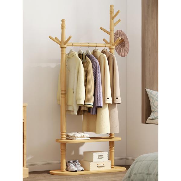 2 Tier Heavy Duty Modern Dress Hanger Stand Pine Wood Freestanding Clothes Rack