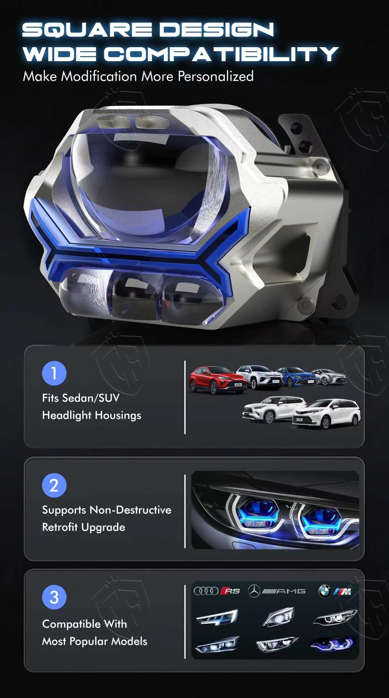 3 Inch Universal BMW Style Bi-LED Projector Headlight with 6000K Cool White Light Twin Fan Cooling and Bi-LED Function