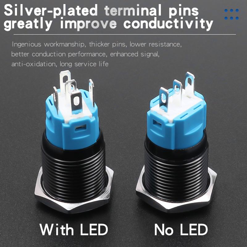 16mm Oxidized Black Shell Metal Push Button Switch Latching/Momentary 1NO1NC With LED Lights 5Pins High/Flat Head Red Green