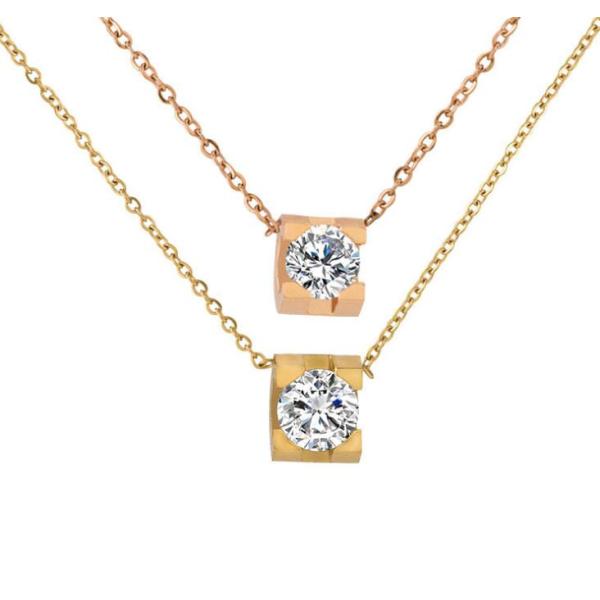 Stainless Steel Jewelry Fashion Pendant Necklace Diamond Round Pink Gold Necklace