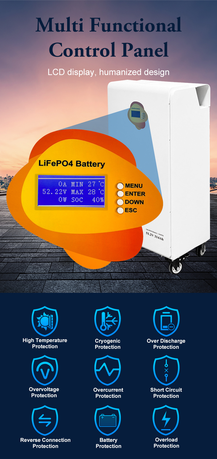 51.2V 314Ah 16kWh LiFePO4 Battery Pack 8000 Cycles CAN RS485 LCD Wheels For Solar Energy Storage