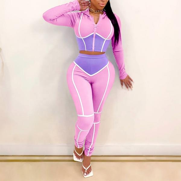 Cor de contraste de primavera Casual Jogging Traje desportivo para mulheres 2 peças conjunto roupas femininas
