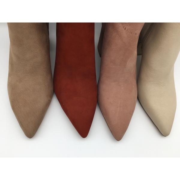 women's pointed toe dress ankle boots，soft cow suede nappa leather with YKK zipper，Solid wood heels with rubber outsole