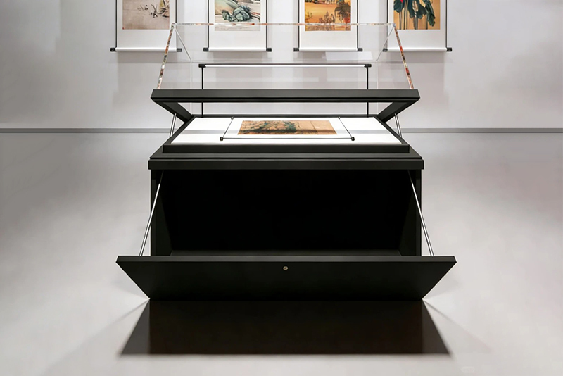 Hydraulic Lift Museum Display Cabinet with Anti-UV Glass and Lockable Hidden Storage for Art Exhibits