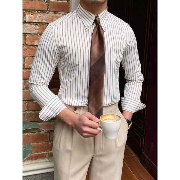 Classic Striped Dress Shirt for Men with Button-Down Collar and Breathable Fabric