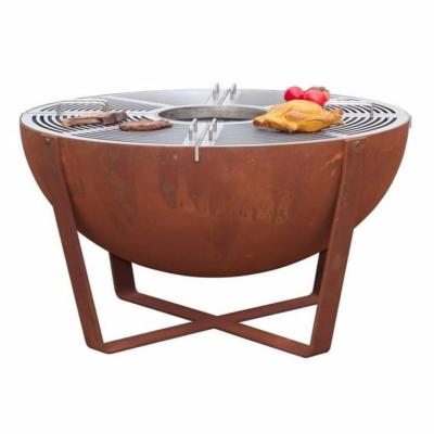 Grande semi madeira da esfera que queima a bacia de fogo de Corten e a grade de aço de Plancha
