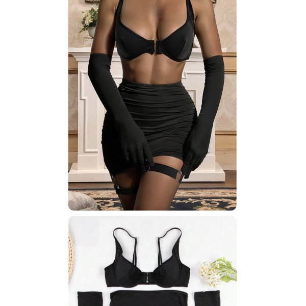 Wholesale Bra Suit Fun Thin Bottom Front Button Underwear Nylon Smooth Pure Ice Silk Skirt Gloves Underwear Set for Women