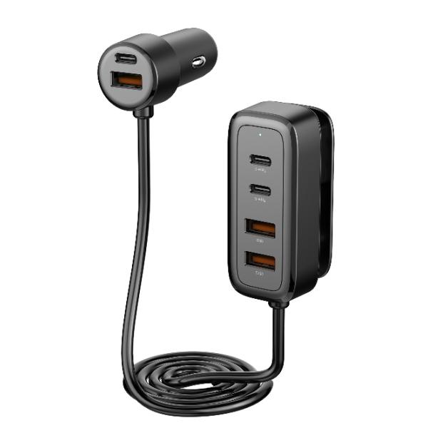 2025 LX Marca de puertos duales 1 USB A 2 USB C con cable de resorte USB C y cable de iluminación Cargador de automóviles de carga rápida