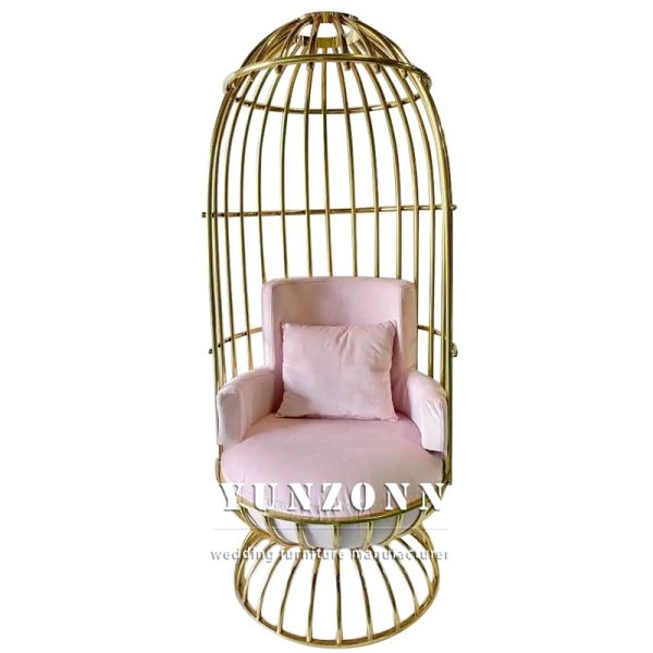 King Gold Throne Chair with Fancy Leather Bird Cage Shape Cushion Stainless Steel for Hotel or Living Room Event Furniture