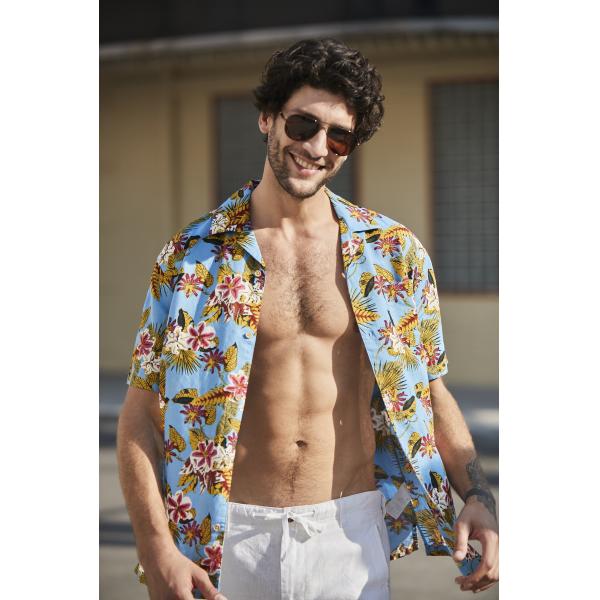 colorful Men's Casual Short Sleeve Shirts Summer Blue Printed