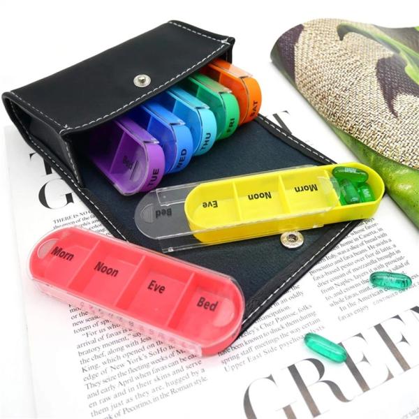 Hot selling 7 day 28 case colored pill box organizer in PU leather bag Weekly Large Travel Pill Organizer 4 Time a Day