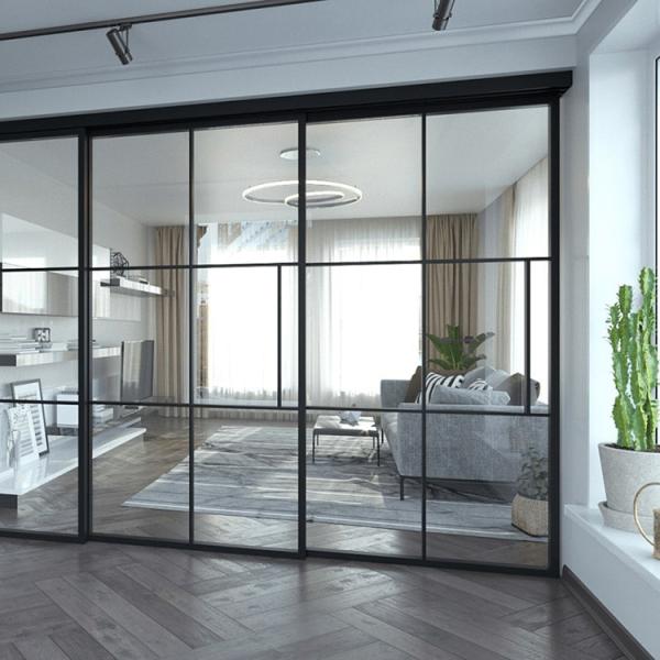 6 - 12mm Thickness Vertical Glass Wall With Double Hunged Glass Doors