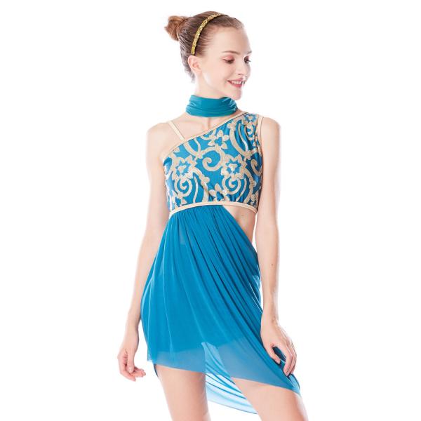 MiDee 3 Pieces Lyrical Dance Wear Outfits Floral Sequin High-Low Dress with Scarf and Headband