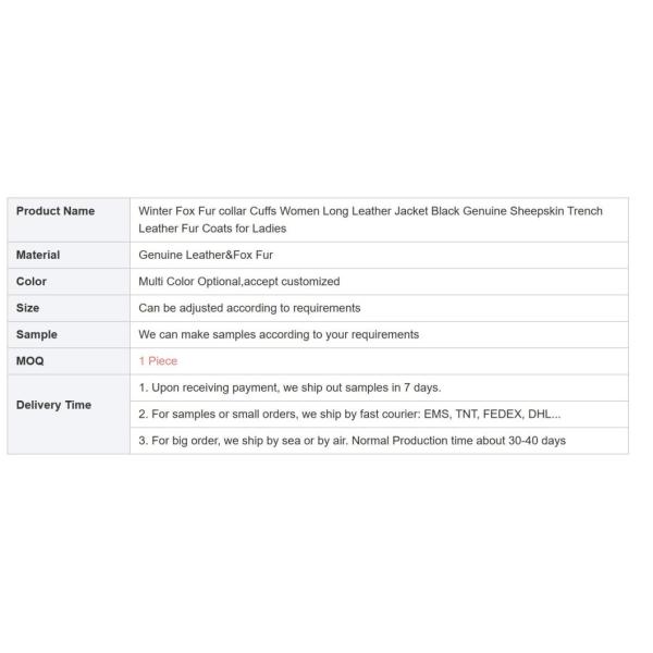                  Winter Fox Fur Collar Cuffs Women Long Leather Jacket Black Genuine Sheepskin Trench Leather Fur Coats for Ladies             