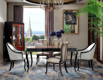 New classic Luxury room Furniture Dining Tables in glossy painting Ebony wood with Fabric Upholstered Chairs and Buffet