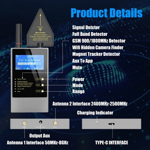 Audio GPS Wireless Camera RF Detector Finder With LCD Display Bug Scanner