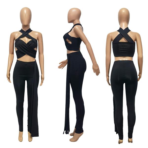 Belted And Crossed With Hollowed-Out Neck Lanyard Pant Suit Ladies