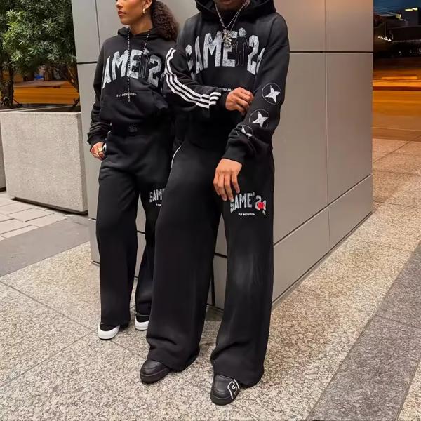 Custom Screen Print logo Sweatsuit Acid Wash Hoodies and Jogger Sport Striped Pants Set Overside Sweatsuits Unisex Sets