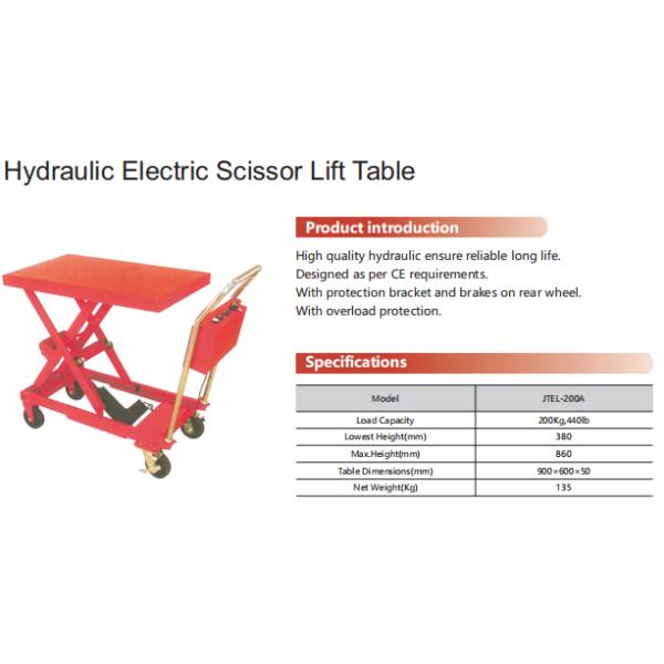 Сертифицированная по CE транспортная тележка Электрический ножничный подъемный стол Передвижная тележка Регулируемая Прочная транспортная тележка JTEL-200A Гидравлический электрический ножничный подъемный стол с сертификацией CE