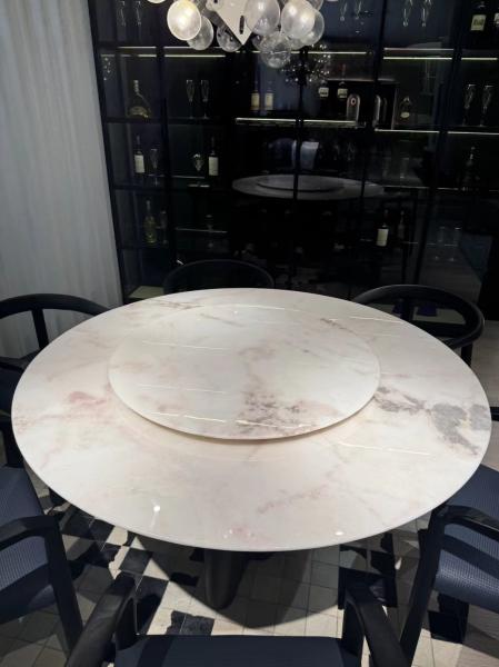 Elegant Tuscan Style Round Dining Table in Natural Marble Stone with White Pink Gray Veins for Modern Luxury Spaces