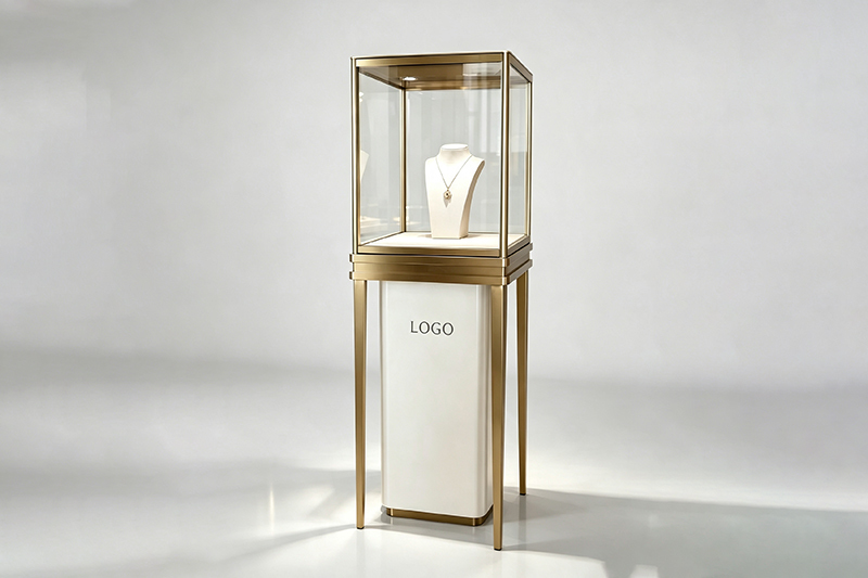 Freestanding Square Jewelry Display Cabinet with Four-sided Transparent Glass, Built-in Top LED Lighting, and Custom Brand Logo Printing