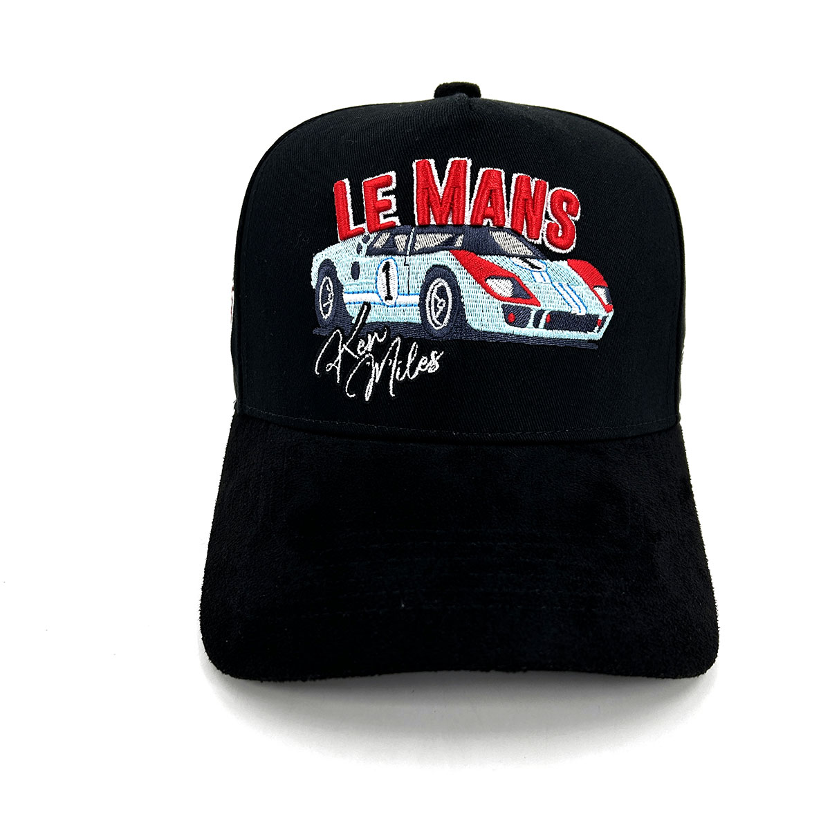 Full Black Suede Cotton Custom Hats 5 Panel 3D Embroidery Blue Lining Baseball Cap