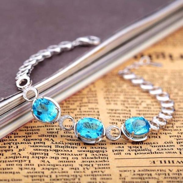 Fashion Jewelry Created Blue Topaz Cubic Zircon 925 Silver Link Chain Bracelet (H01)