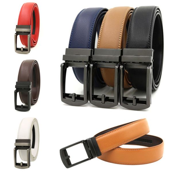 Men's Genuine Cowhide Cow Leather Belts Automatic Ratchet Fake Pin Buckle Belt