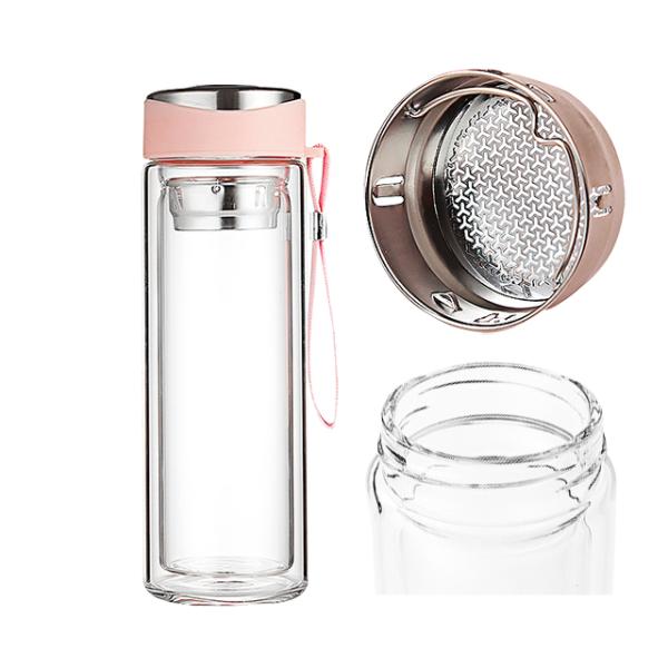 320ML Double Walled Glass Water Bottle with Infuser in Pink Customized Logo Acceptable