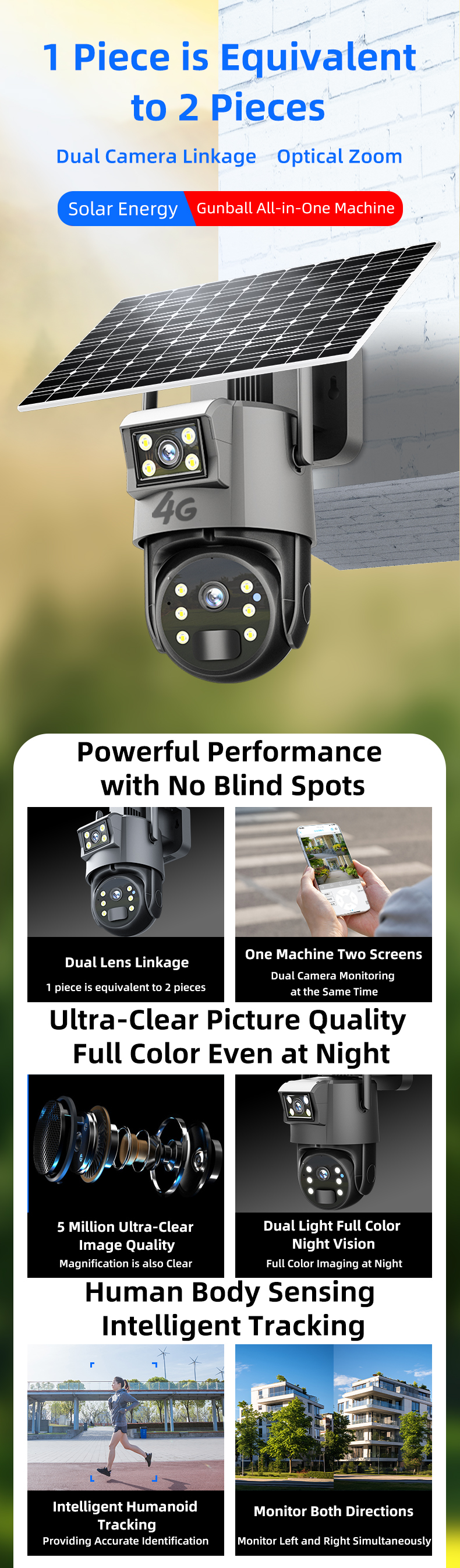 4G Dual Lens Security IP Camera HD 2K 2MP 10X Zoom Motion Detect Solar Powered PTZ CCTV Outdoor Waterproof Camera