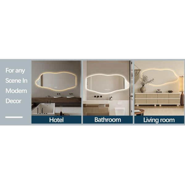 Dimming Customizable Backlit Vanity Mirror Wave Edge Wall-Mounted LED Bathroom Mirror with Anti-Fog